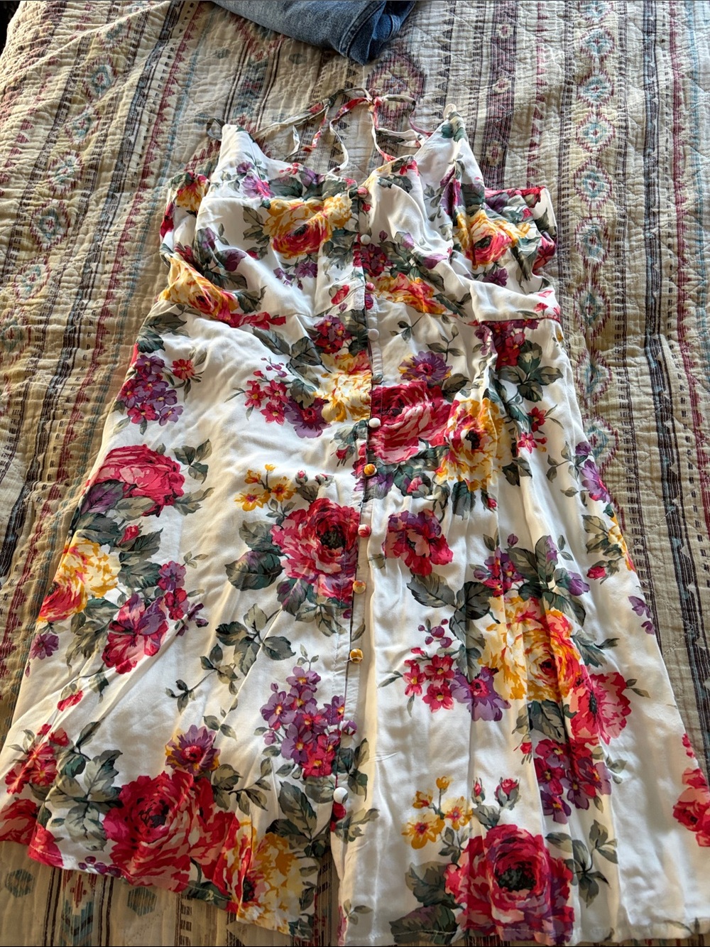 Abercrombie & Fitch White Floral Mini Dress with Pink & Yellow Roses